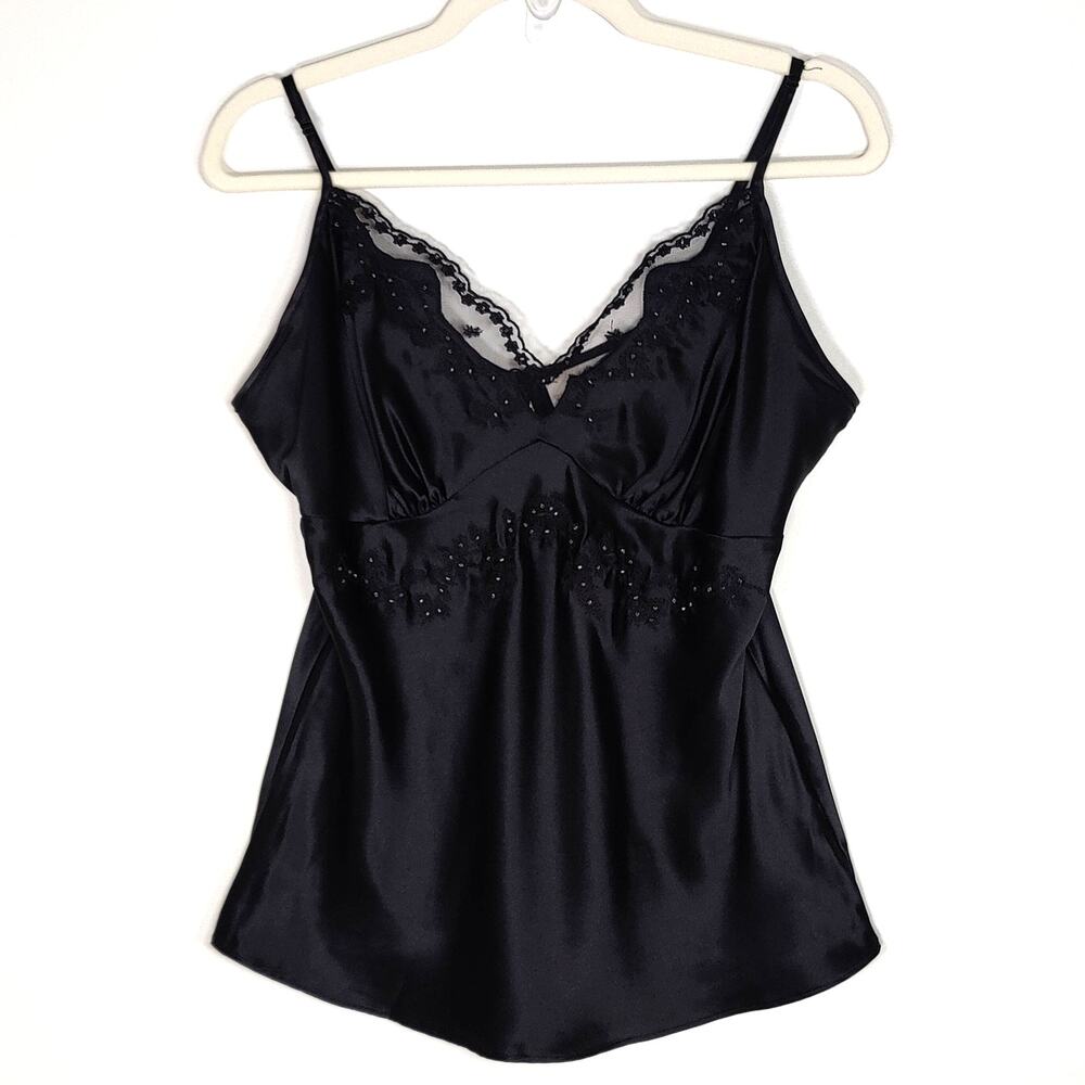 100% Silk Beaded Lace Cami Chemise Black L Y2K Coquette Worthington